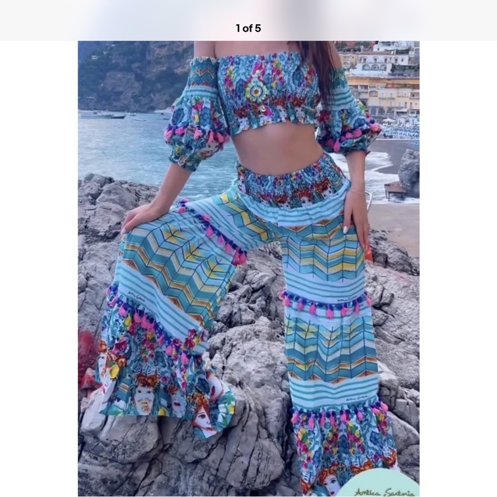 Antica Sartoria Turquise & White Off Shoulder 2pcs Pants Set NWT O/S